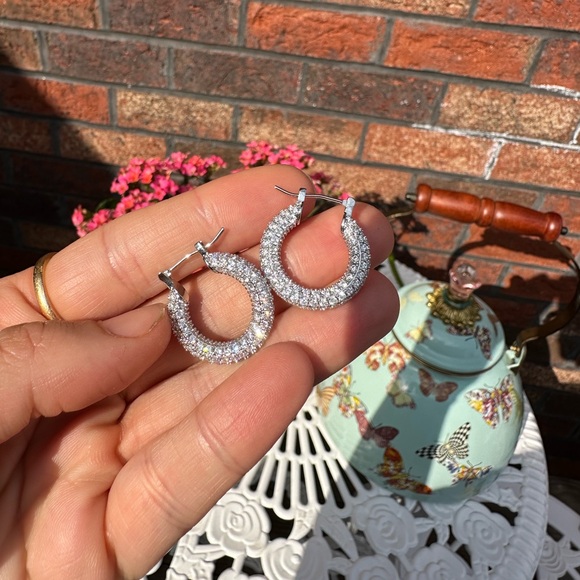 Baby Amalfi Pave Crystal Silver Hoops Earrings - Picture 5 of 12